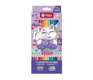 LAPIZ DE COLOR FILGO PINTO CJ X12+2HB+GOMA+SACAPUNTAS GATITO